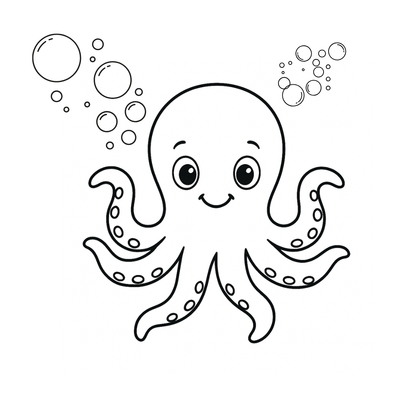 Black and white line drawing of a cartoon octopus with bubbles on a white background
