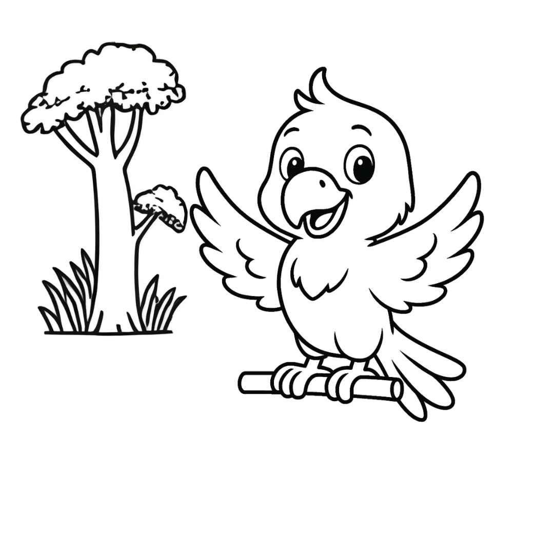 Cartoon bird on a branch with a tree in the background