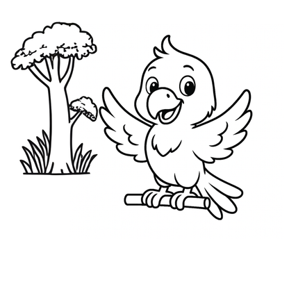 Cartoon bird on a branch with a tree in the background