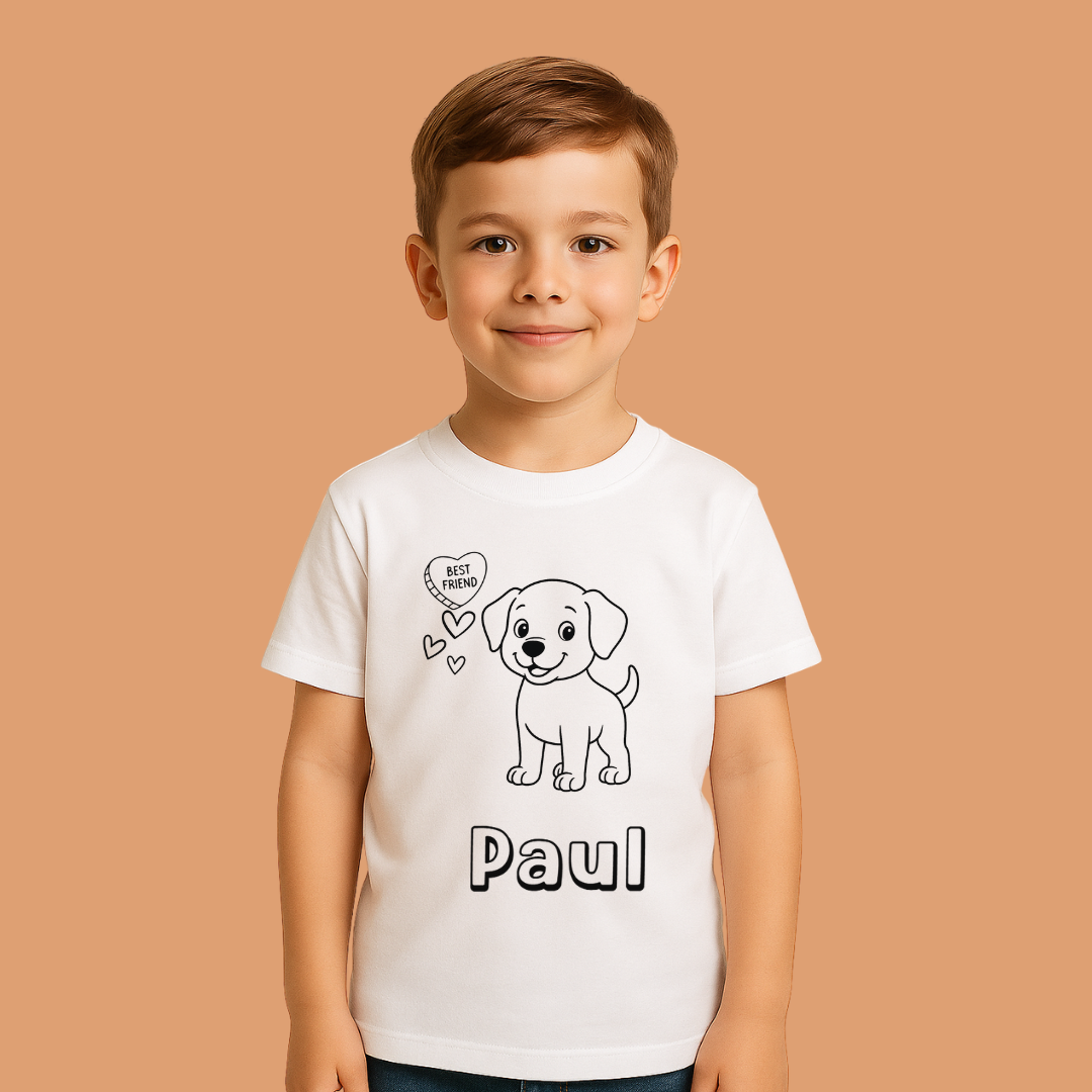 Child wearing a white t-shirt with a dog illustration and the name 'Paul' on a beige background