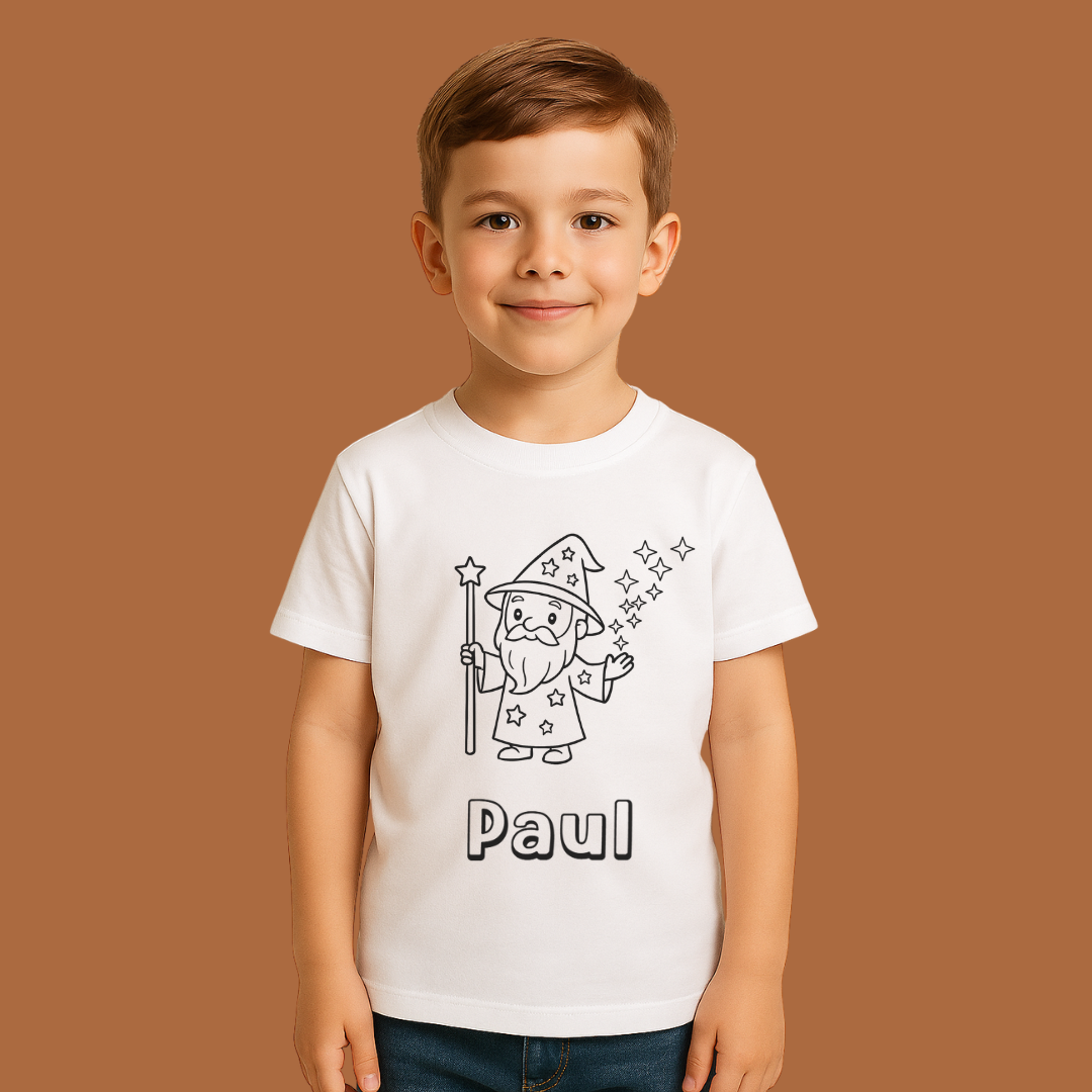 Child wearing a white t-shirt with a cartoon wizard design and the name 'Paul' on a brown background