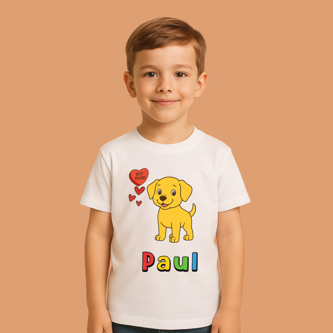 Child wearing a white t-shirt with a yellow dog graphic and 'Paul' text on a beige background
