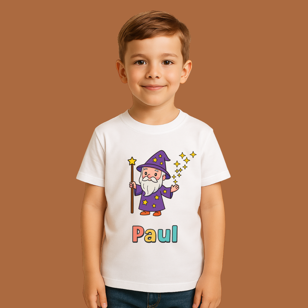 Child wearing a white t-shirt with a cartoon wizard design and the name 'Paul' on a brown background