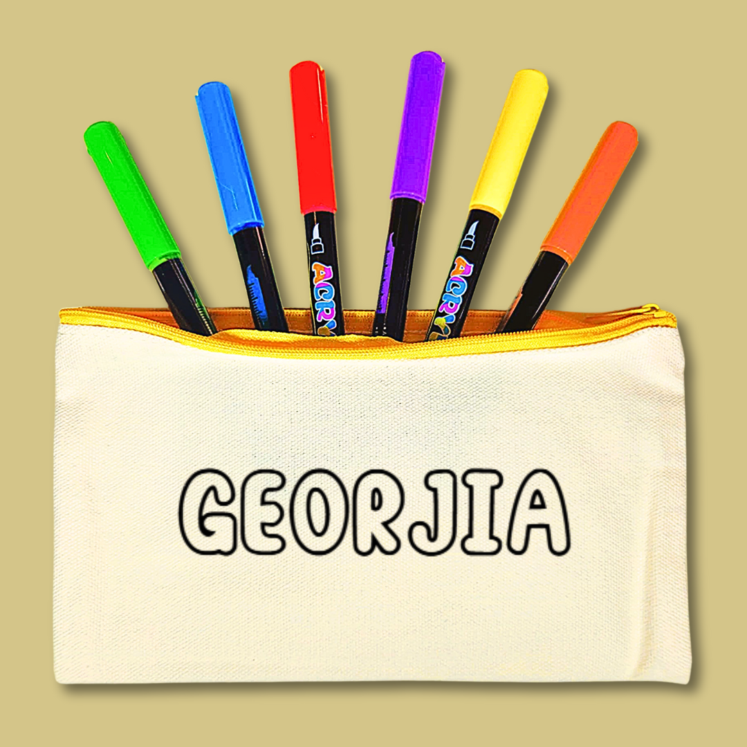 pencil case with colorful markers and 'GEORGIA' text on a beige background