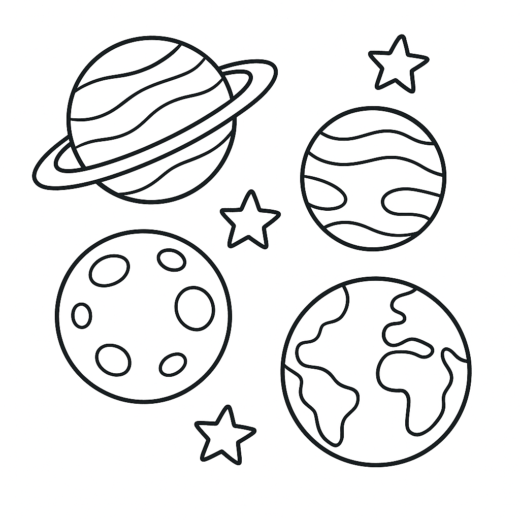 Illustrations of planets and stars on a white background