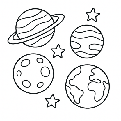 Illustrations of planets and stars on a white background