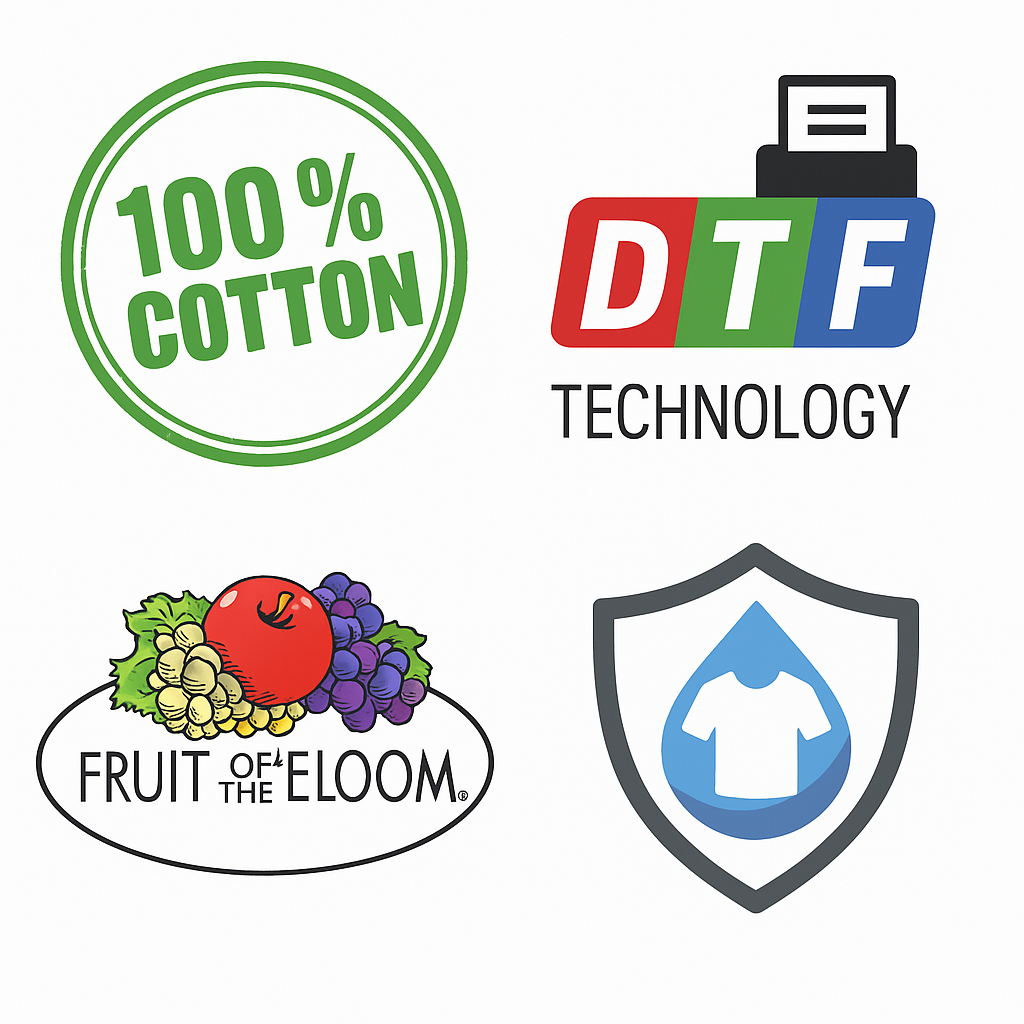 Collection of logos including '100% Cotton', 'DTF Technology', 'Fruit of the Loom', and a water-resistant logo on a white background.