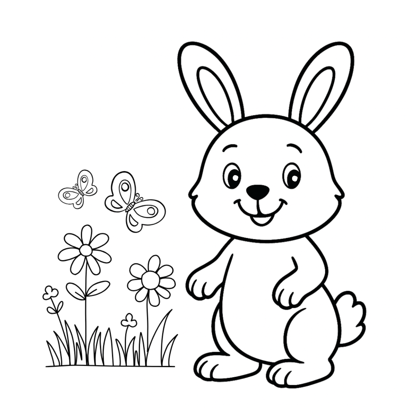 Black and white illustration of a bunny with flowers and butterflies on a white background