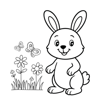 Black and white illustration of a bunny with flowers and butterflies on a white background
