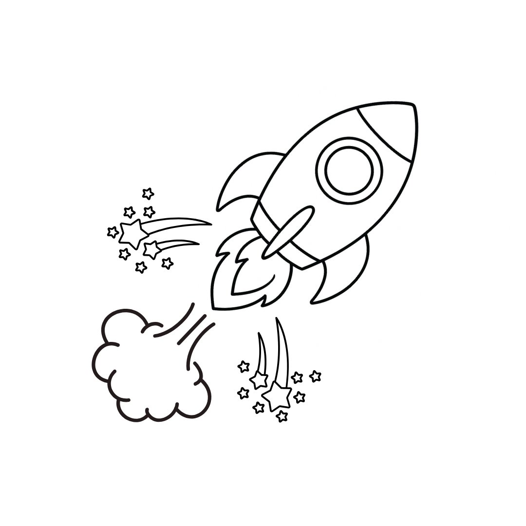 Black and white line drawing of a rocket launching with stars and smoke.