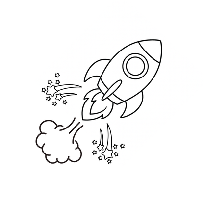 Black and white line drawing of a rocket launching with stars and smoke.