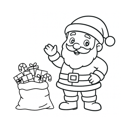 Black and white outline of Santa Claus with a sack of gifts on a white background