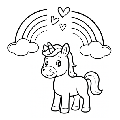 Black and white illustration of a unicorn with a rainbow and hearts on a white background
