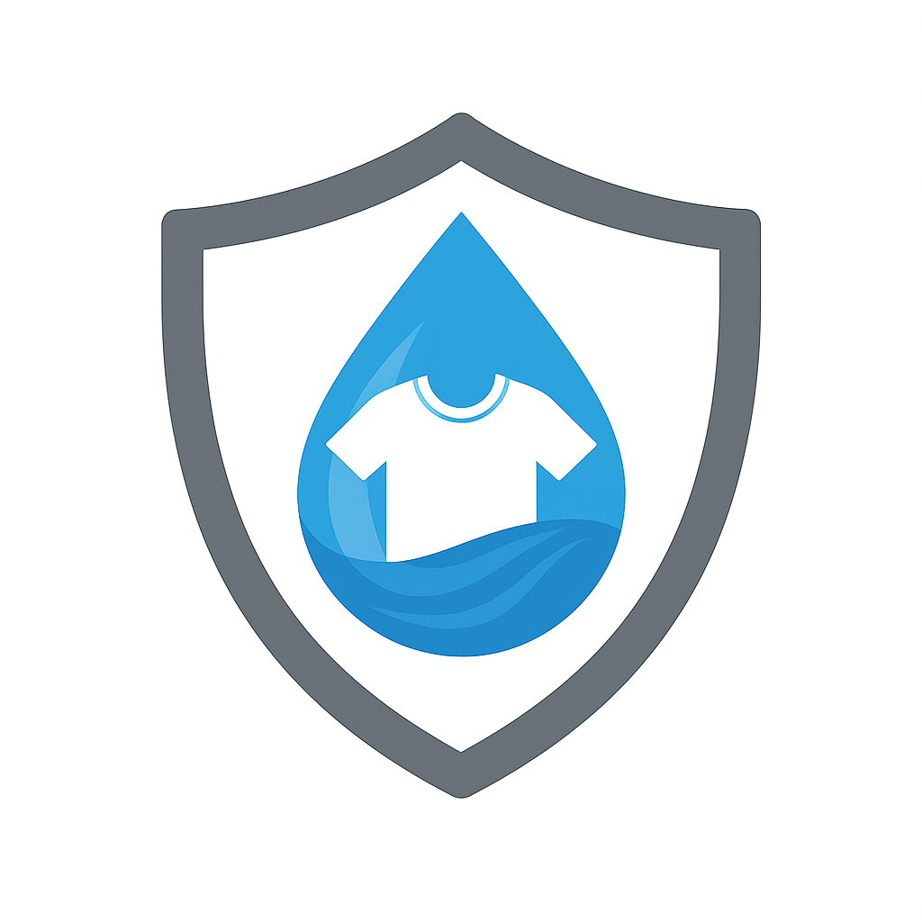 Shield icon with a water droplet containing a white shirt inside, on a white background