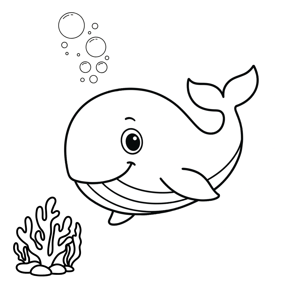 Black and white illustration of a whale with bubbles and coral on a white background